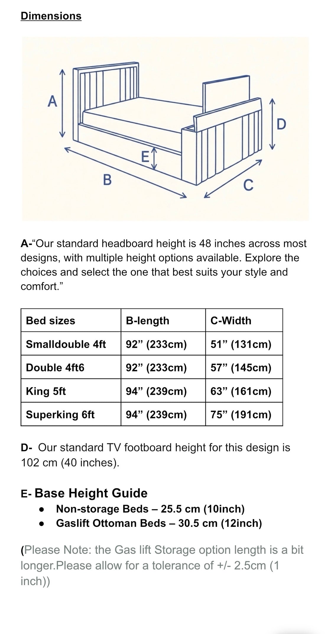Davinci TV Bed Frame | Handcrafted in UK | 50+ Fabrics dimensions guide