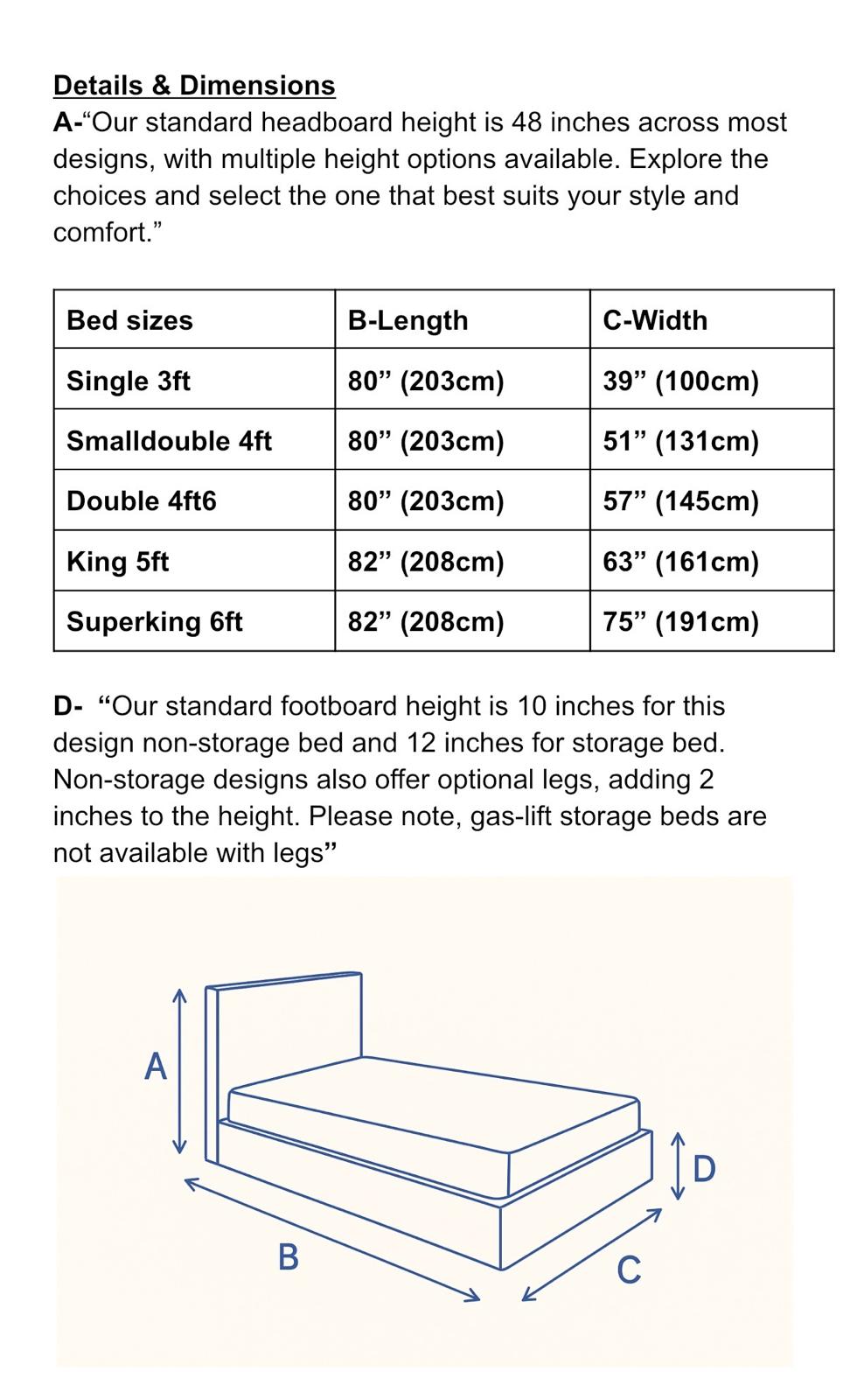 3 Panel Boucle Bed Frame | Optional Ottoman Storage Option dimensions guide