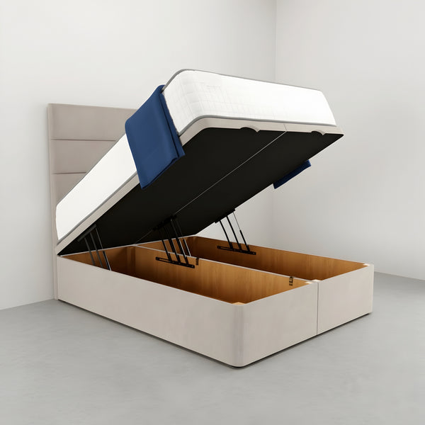 Luxury Beige Upholstered Ottoman Storage Bed with Horizontal Panel Headboard