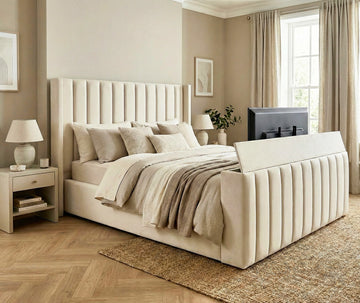 Luxury Cream Upholstered Bed with Vertical Panel Headboard
