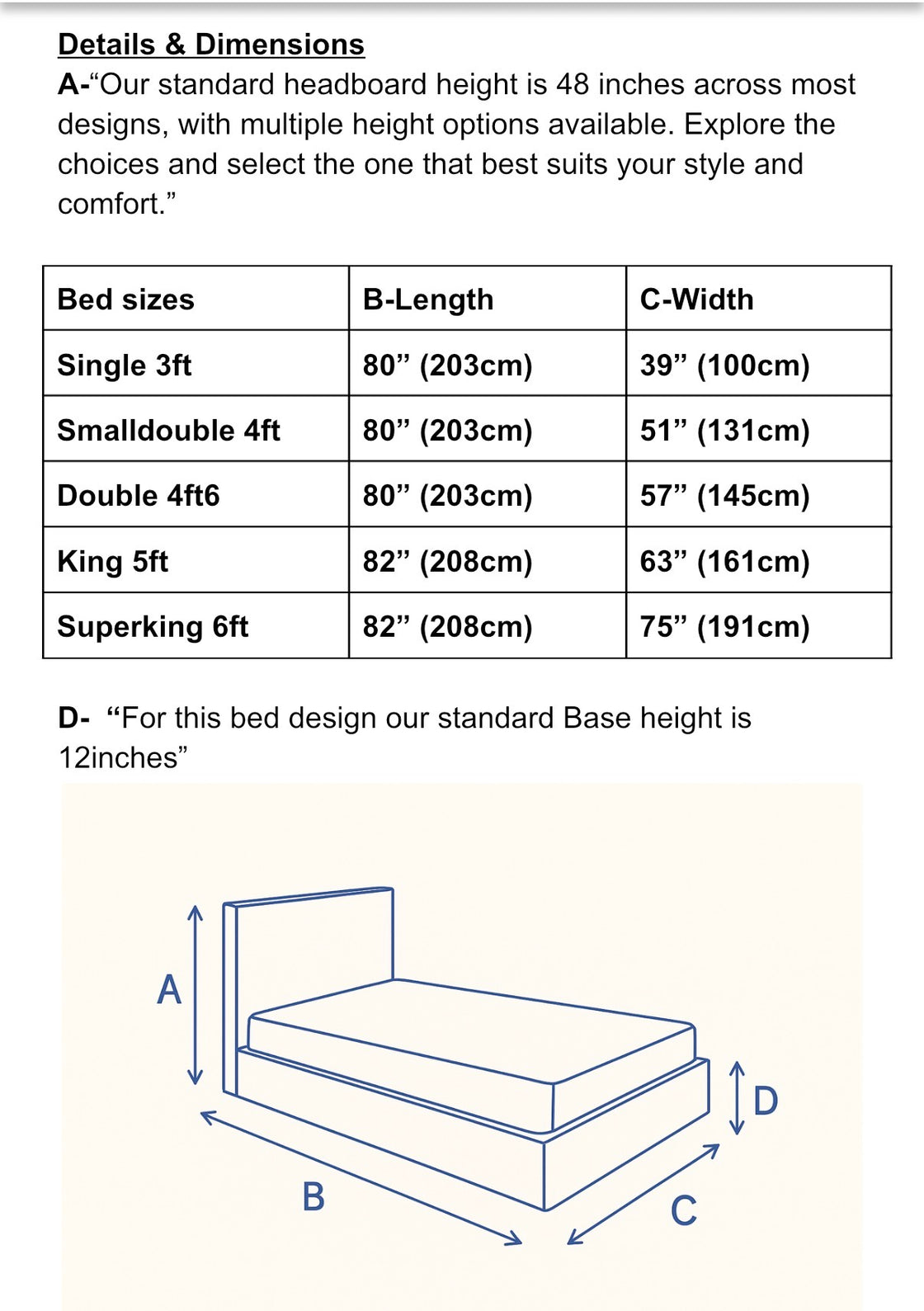 Kensington Wingback Bed frame | Optional Gas-lift Storage dimensions guide