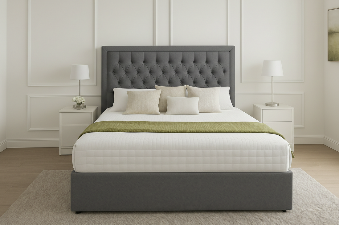 Luxury Grey Upholstered Bed with Diamond-Tufted Headboard