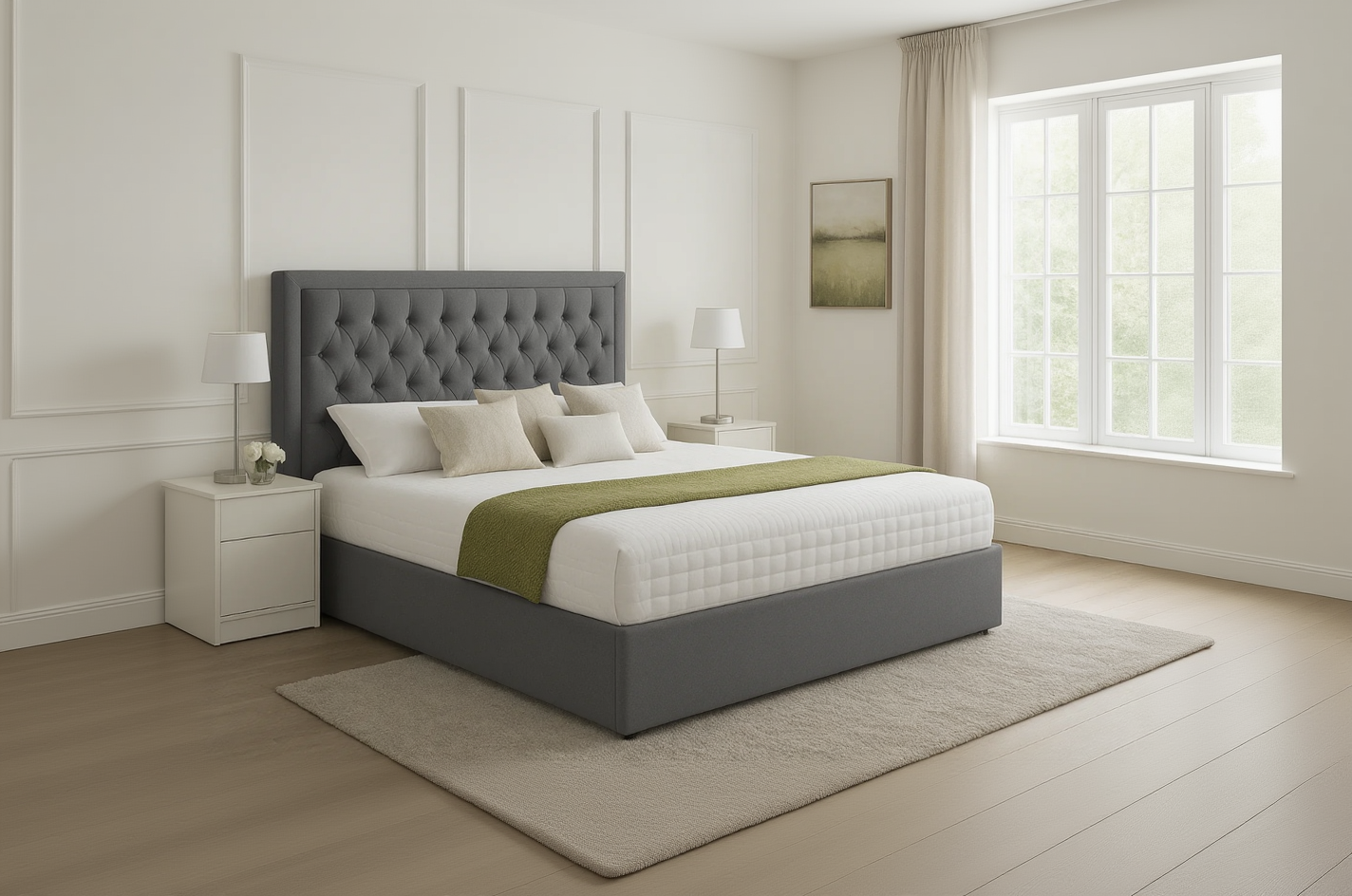 Luxury Grey Upholstered Bed with Diamond-Tufted Headboard