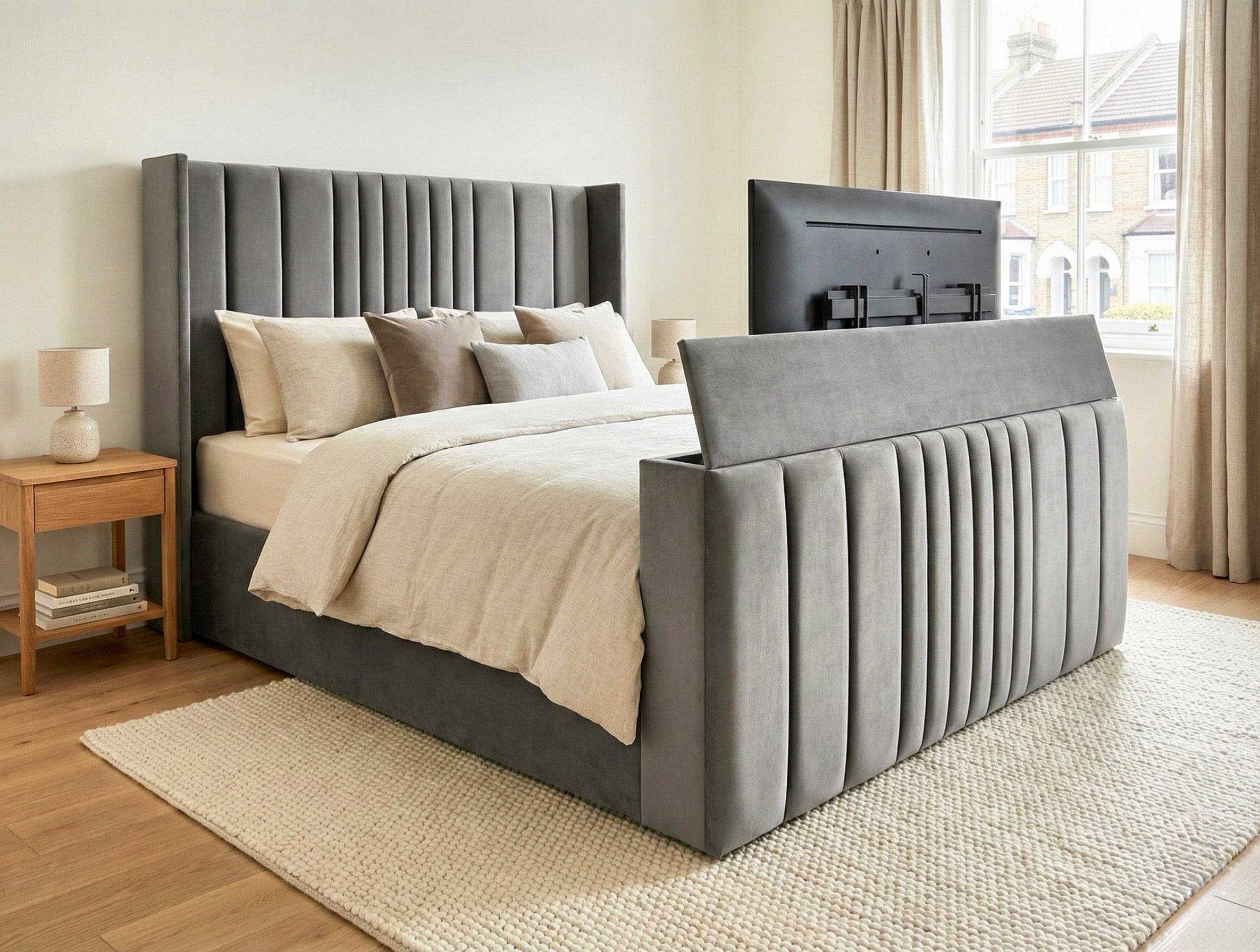 Luxury Grey Upholstered Storage Bed with Panelled Headboard