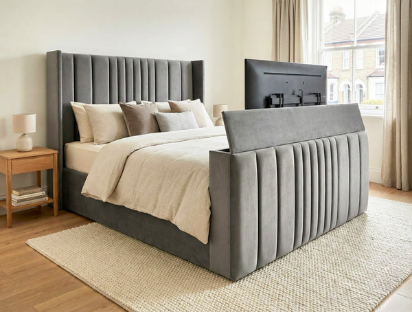 Luxury Grey Upholstered Storage Bed with Panelled Headboard