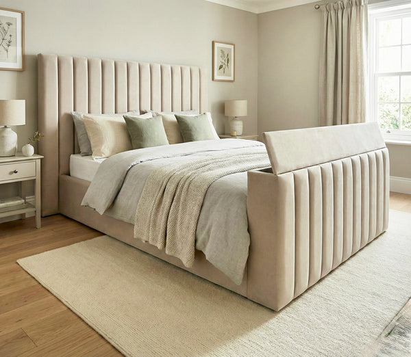 Luxury Beige Upholstered Bed with Vertical Panel Headboard