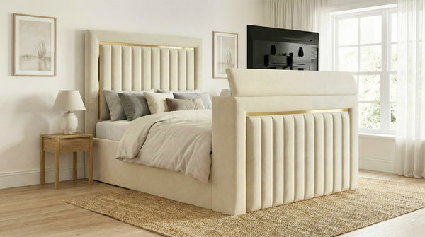 Luxury Cream Upholstered Bed with Vertical Panel Design