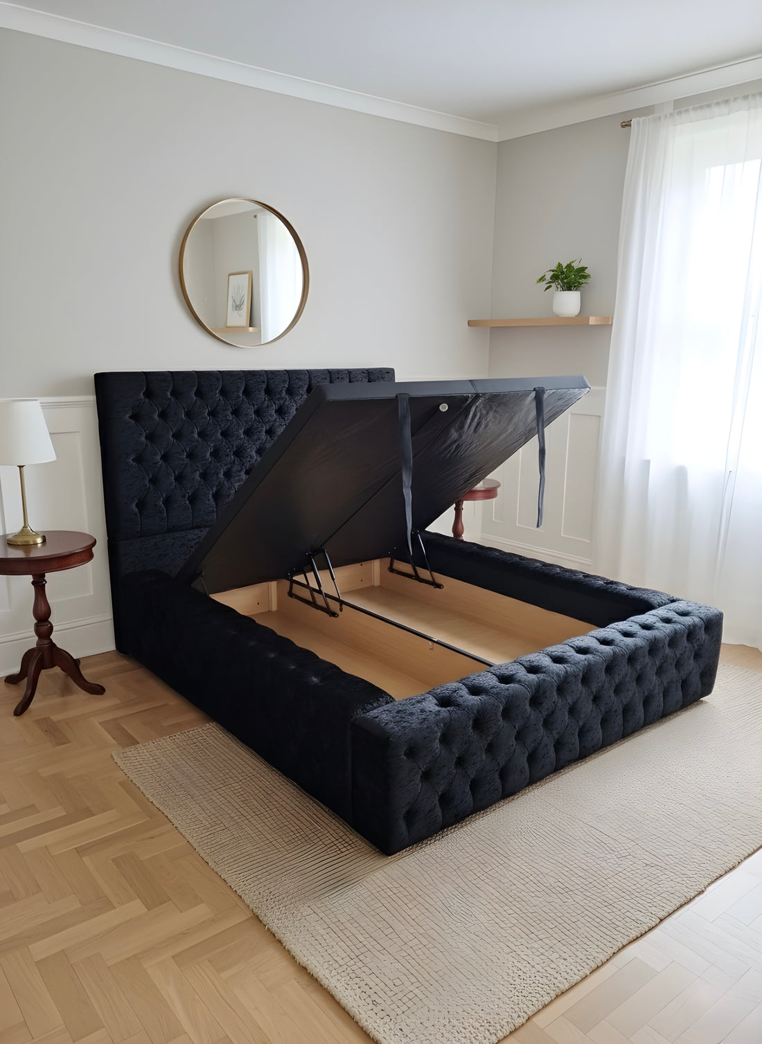 Luxury Black Velvet Ottoman Storage Bed with Tufted Frame