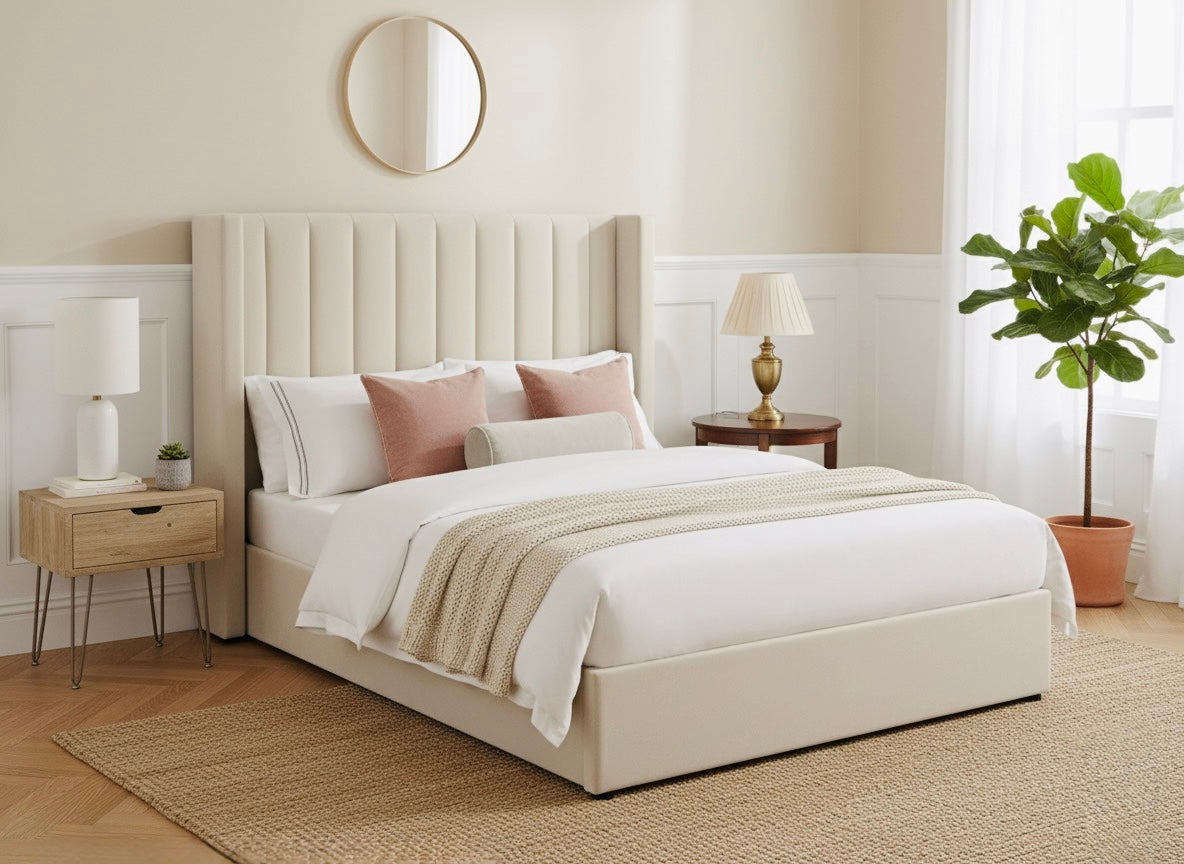 Luxury Cream Upholstered Bed with Vertical Panel Headboard