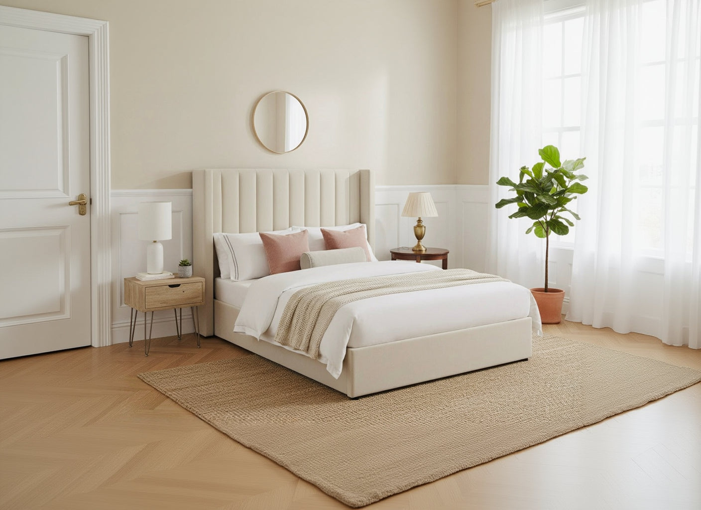 Luxury Cream Upholstered Bed with Vertical Panel Headboard
