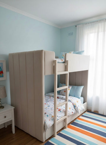 Children’s Upholstered Bunk Bed with Ladder and Panelled Headboards