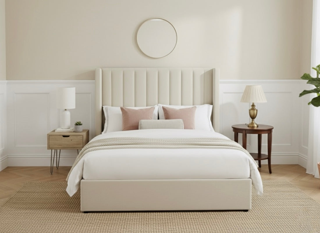 Luxury Cream Upholstered Bed with Vertical Panel Headboard