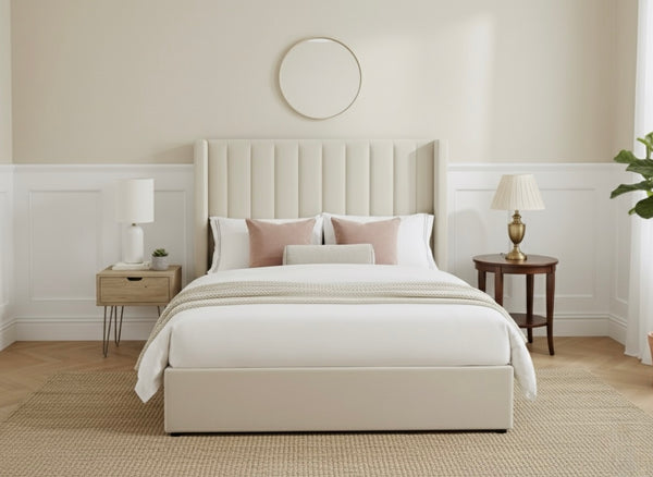 Luxury Cream Upholstered Bed with Vertical Panel Headboard