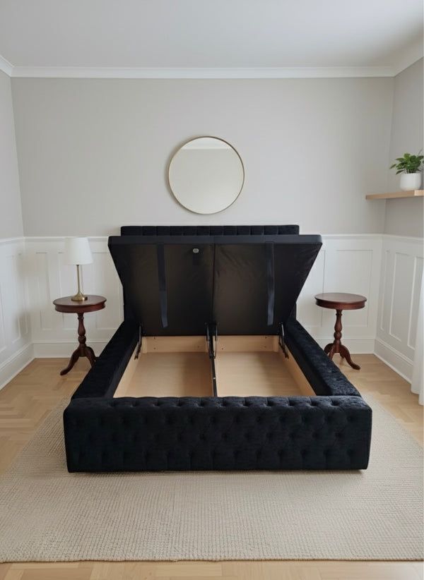 Luxury Black Velvet Ottoman Storage Bed with Tufted Frame