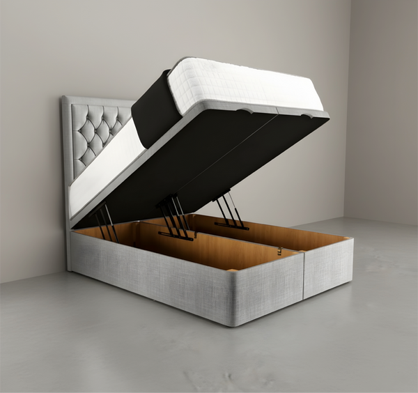 Luxury Grey Upholstered Divan Bed with Drawer Storage and Tufted Headboard