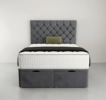 Luxury Dark Grey Upholstered Ottoman Storage Bed with Diamond-Tufted Headboard