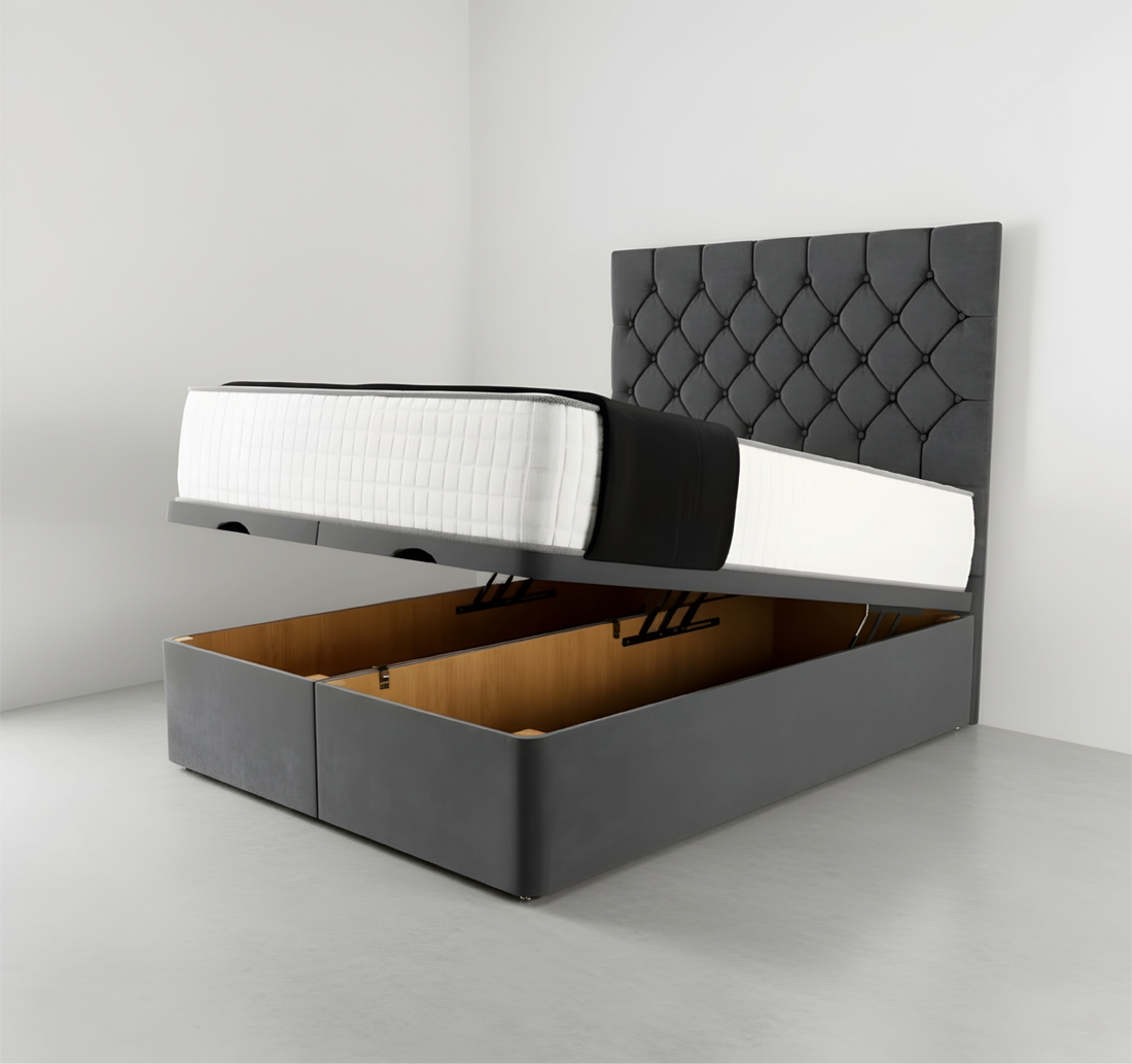 Luxury Dark Grey Upholstered Ottoman Storage Bed with Diamond-Tufted Headboard