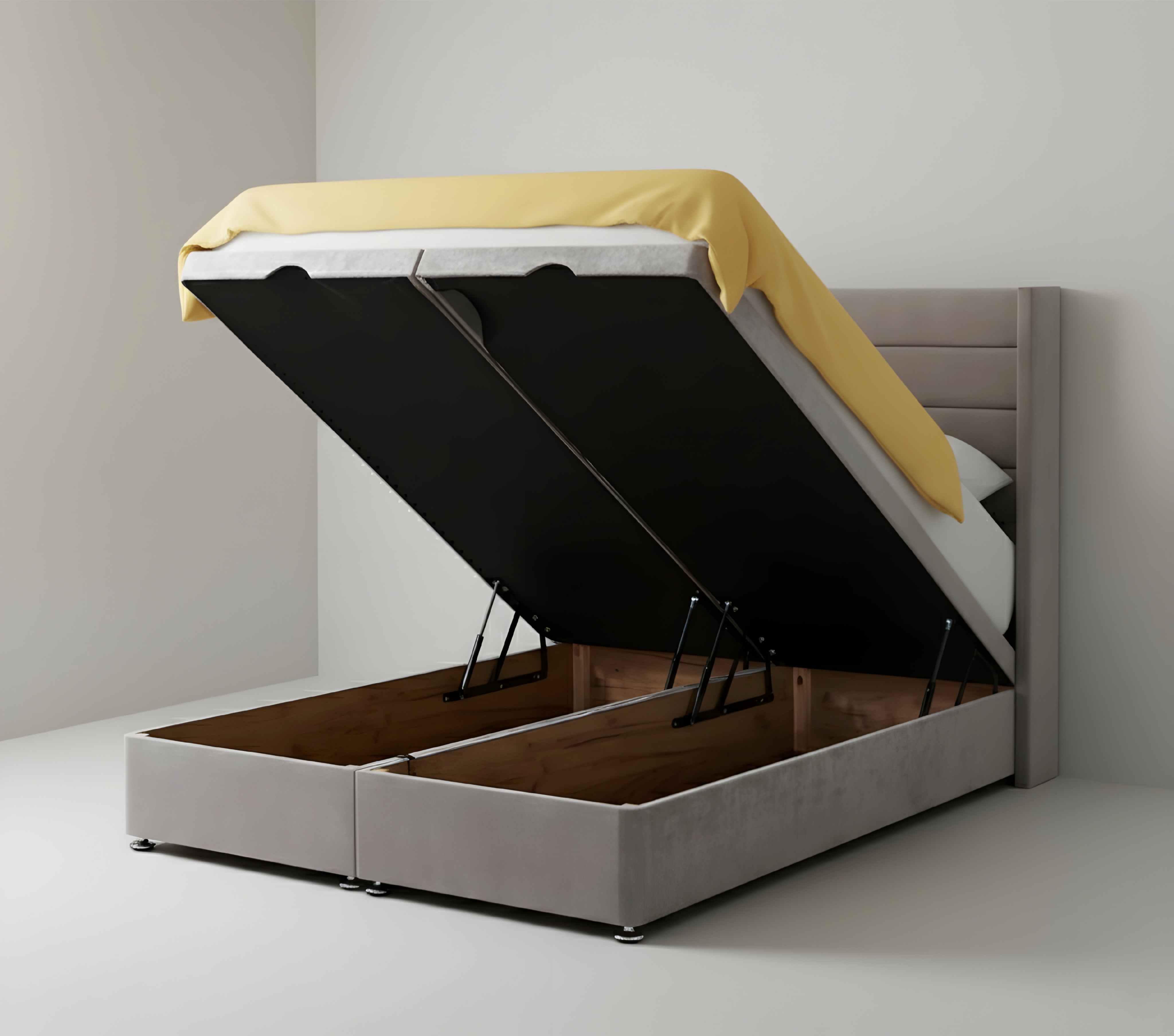 Luxury Grey Upholstered Ottoman Storage Bed with Horizontal Panel Headboard