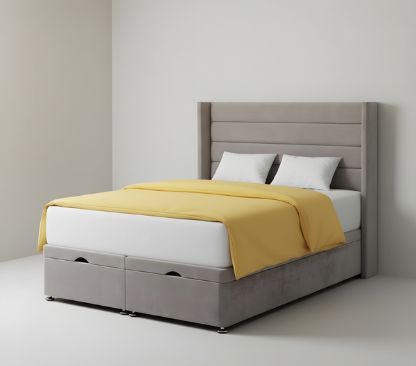 Luxury Grey Upholstered Ottoman Storage Bed with Horizontal Panel Headboard