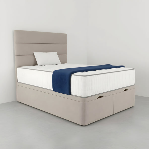 Luxury Beige Upholstered Ottoman Storage Bed with Horizontal Panel Headboard