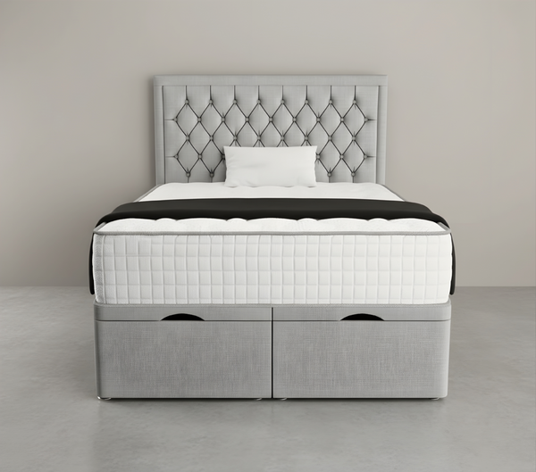 Luxury Grey Upholstered Divan Bed with Drawer Storage and Tufted Headboard