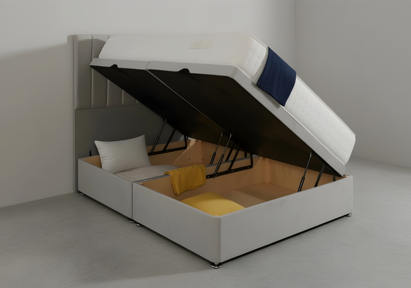 Luxury Grey Upholstered Ottoman Storage Bed with Vertical Panel Headboard