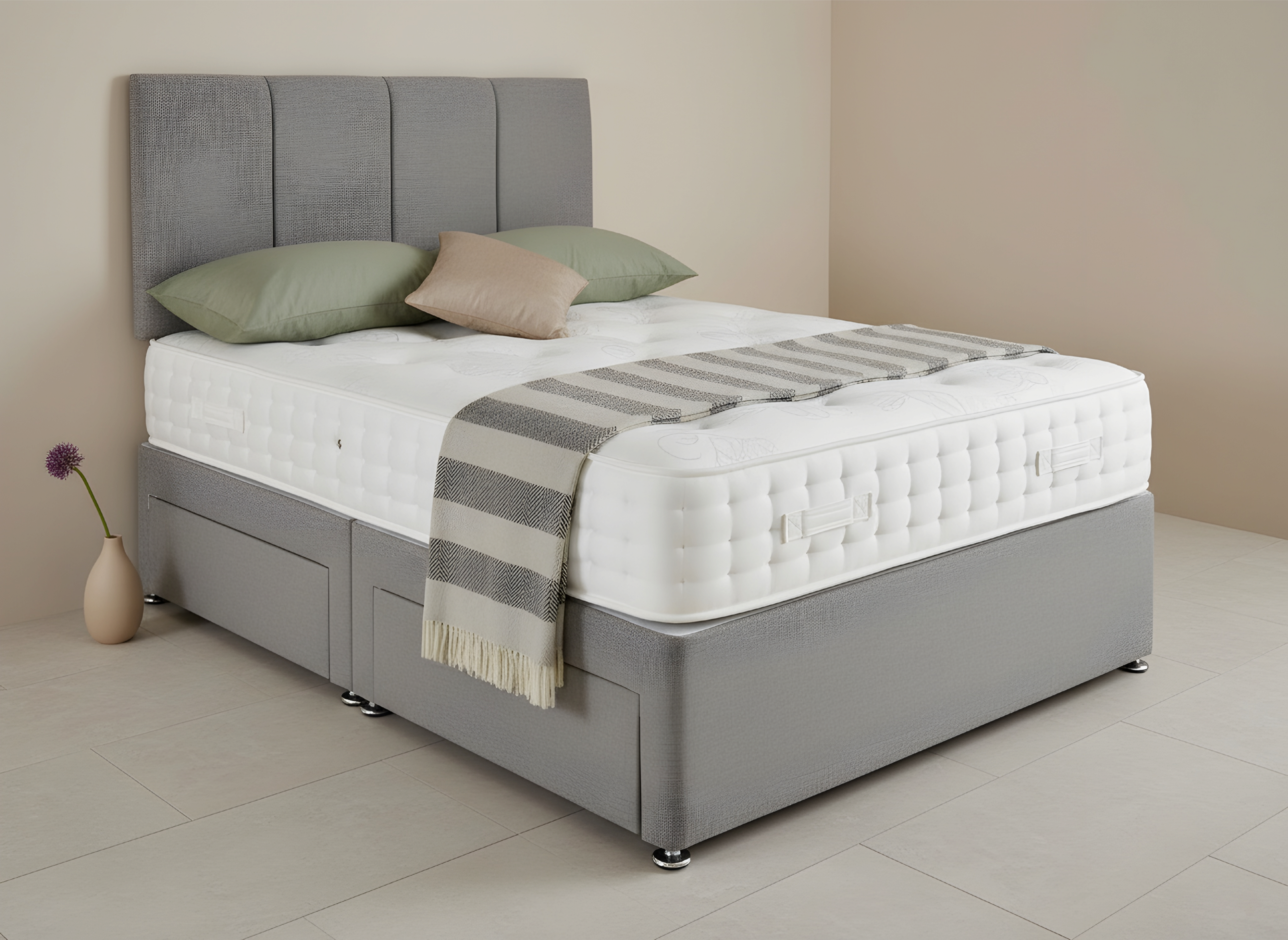 Luxury Grey Upholstered Bed with Panel Headboard