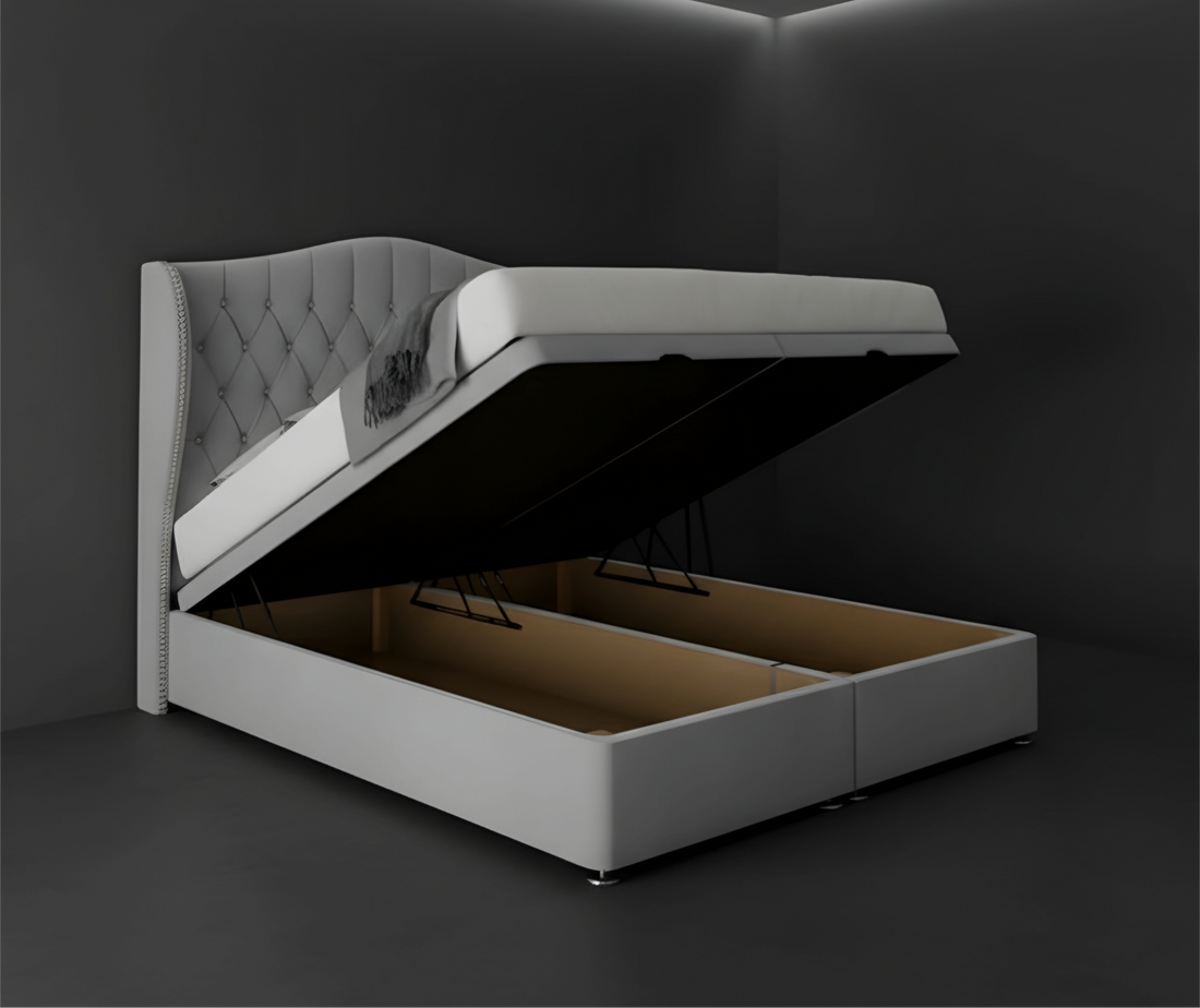 Luxury Grey Upholstered Ottoman Storage Bed with Tufted Headboard