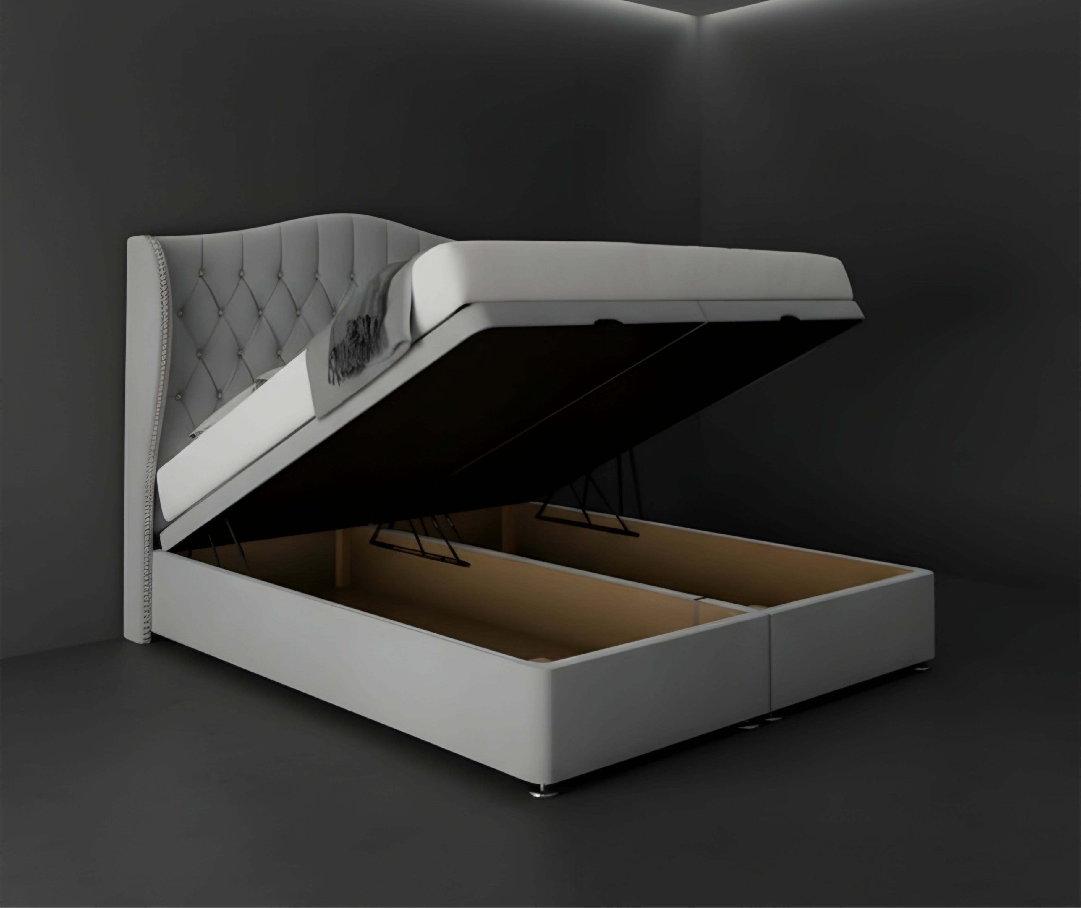 Luxury Grey Upholstered Ottoman Storage Bed with Tufted Headboard