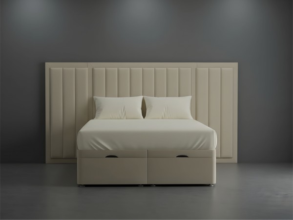Luxury Beige Upholstered Ottoman Storage Bed with Wide Panel Headboard