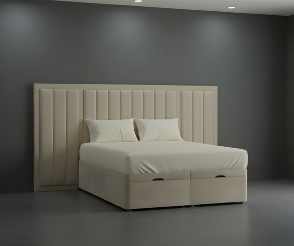 Luxury Beige Upholstered Ottoman Storage Bed with Wide Panel Headboard